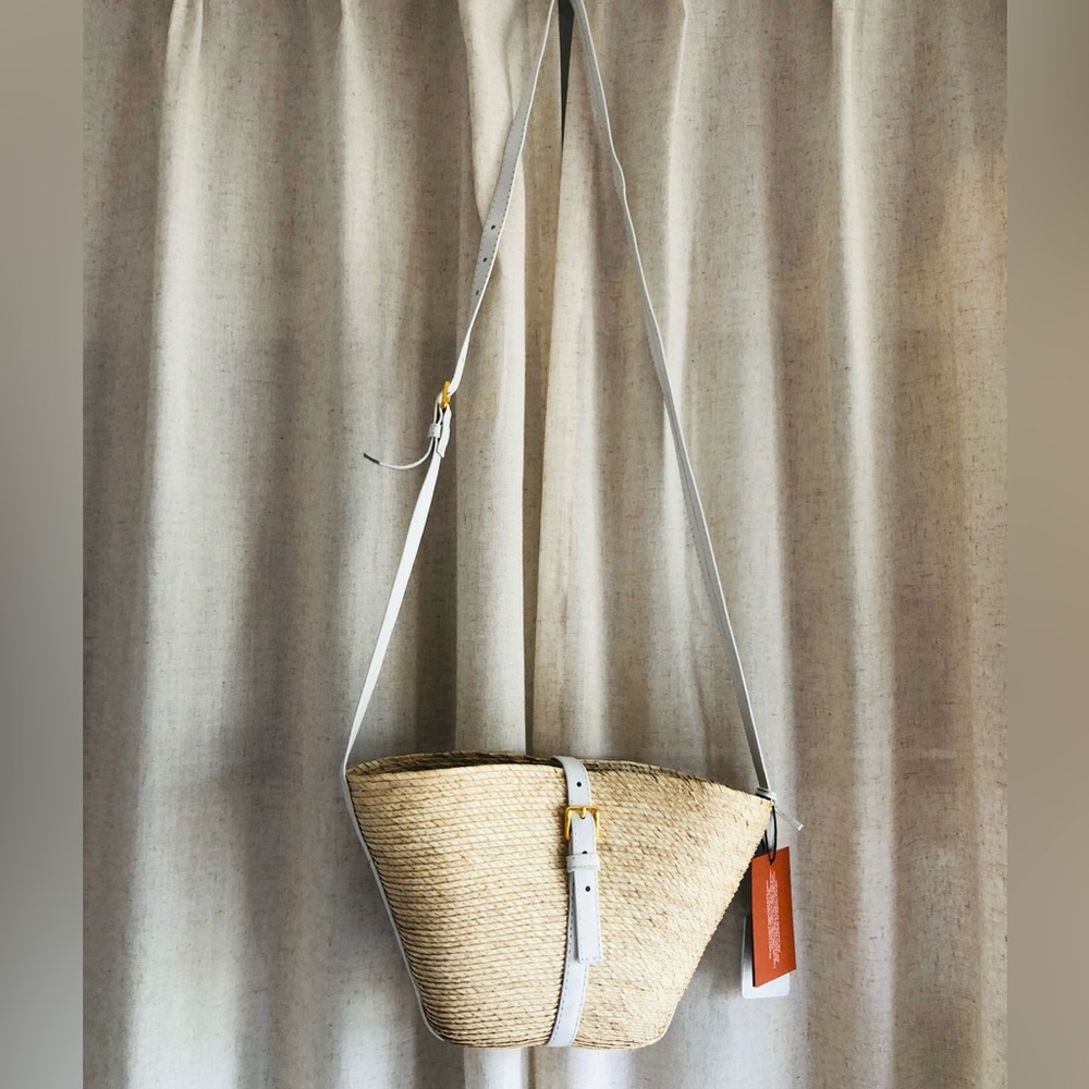 Altuzarra Straw Crossbody with White Leather Trim and Gold Buckle
